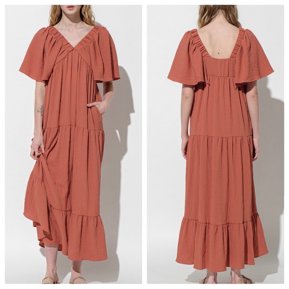34 Boho V-Neck Flared Sleeve Tiered Maxi Dress - Picture 2 of 2